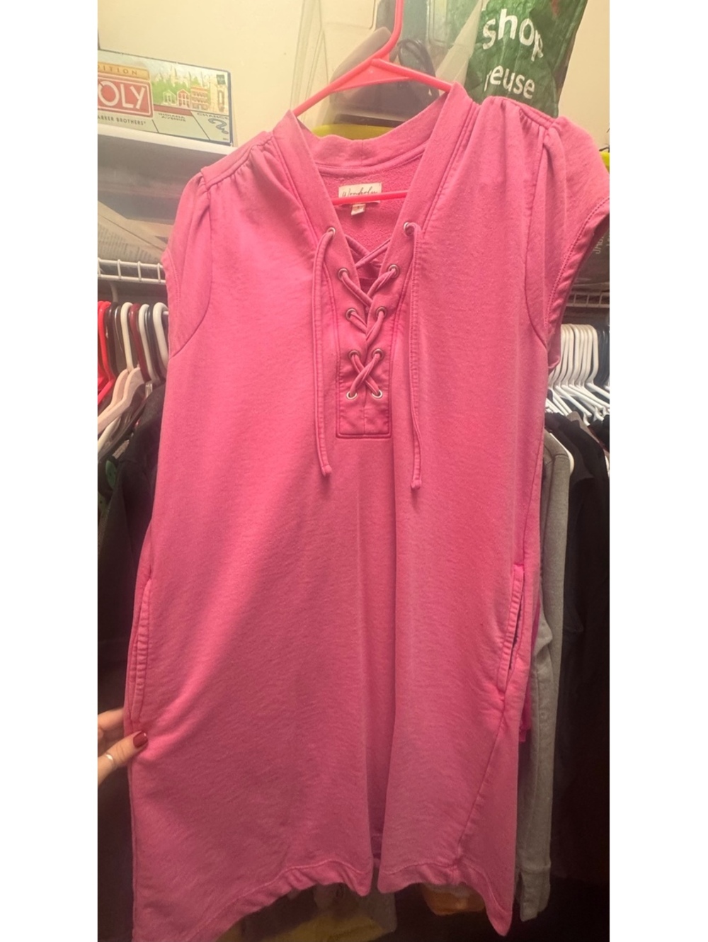 Wonderly Pink Lace Up Sweatshirt Dress Rounded Hem Pockets Small